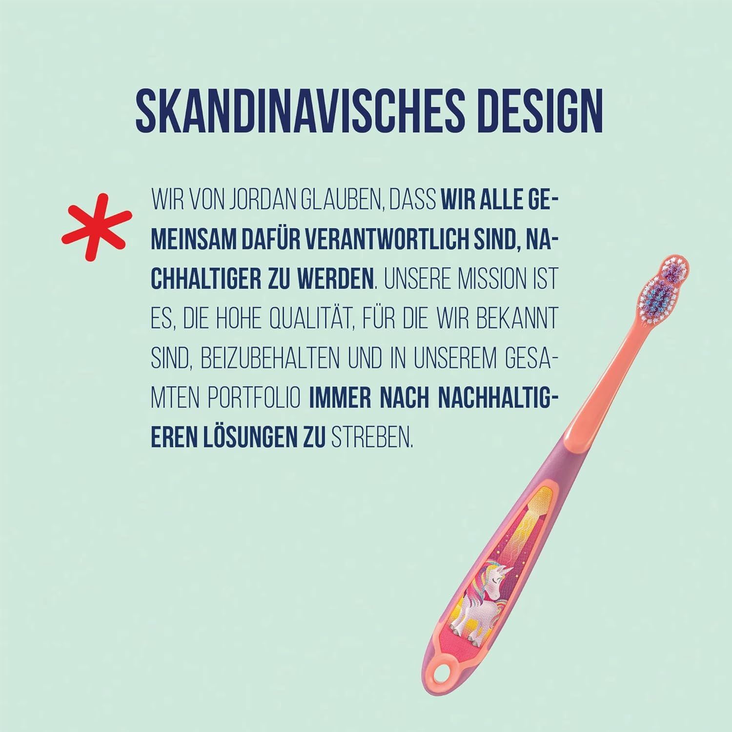 Brosse à dents avec manche rose et décor de licorne. Soies bleues. Design scandinave. Logo Jordan.