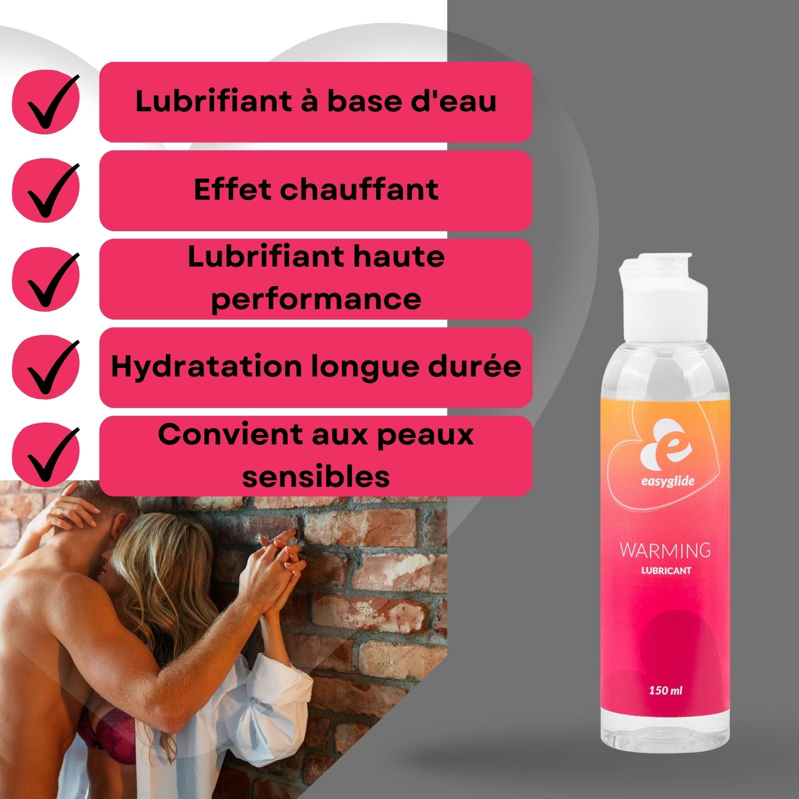 Flacon Easyglide. Inscription: Warming Lubricant. 150 ml. Couple se touche.