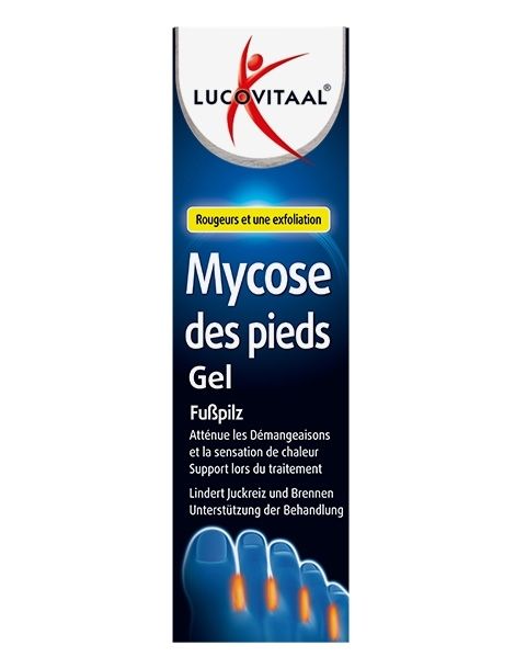 Tube de gel pour mycose des pieds. Logo et nom du produit en haut. Texte en français et allemand.