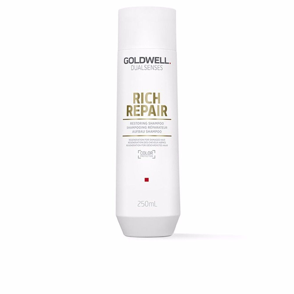 Witte shampoo met Goldwell-logo en tekst Rich Repair. Fles met witte dop en rood vierkant.