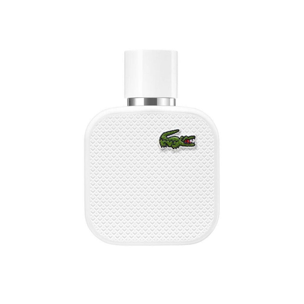 Flacon d'eau de toilette blanc avec logo crocodile vert. Bouchon blanc. Forme carrée.