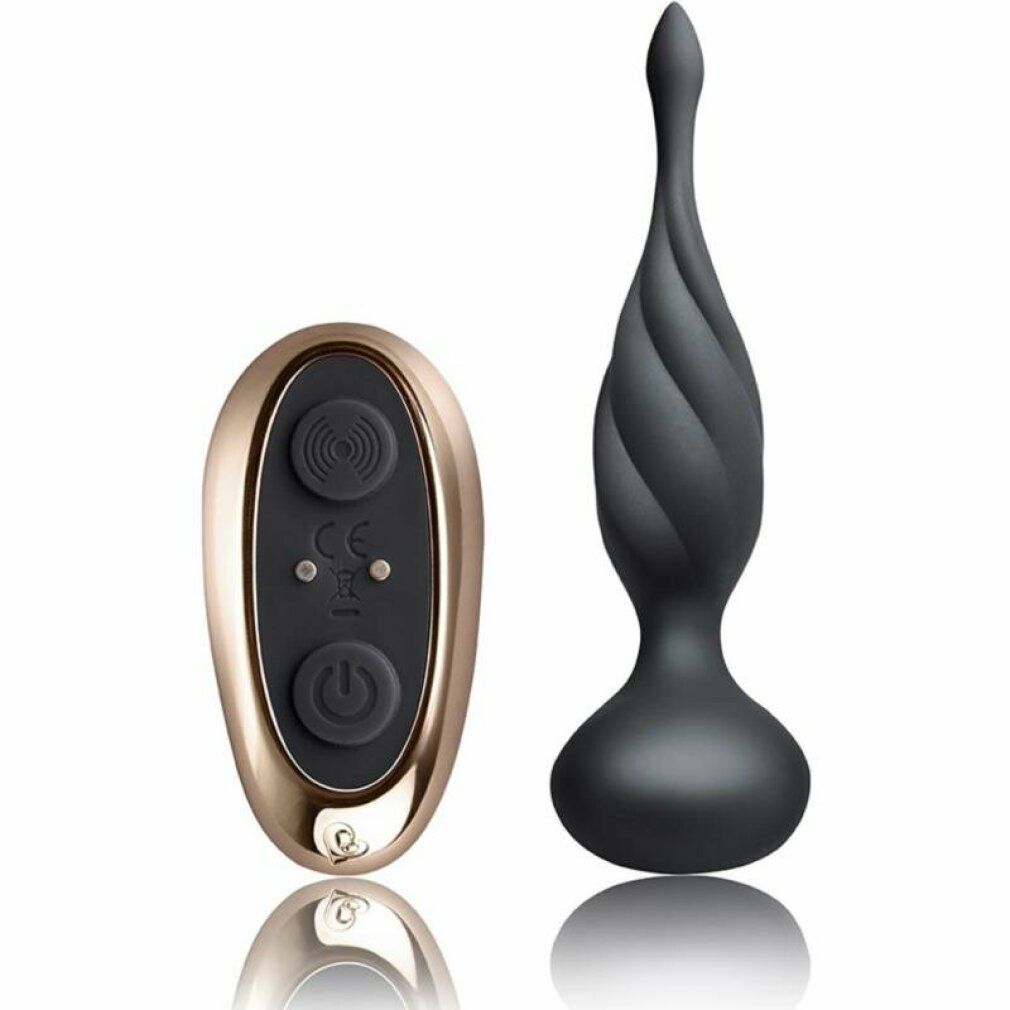 Stimulateur anal noir et télécommande or rose sur fond blanc.