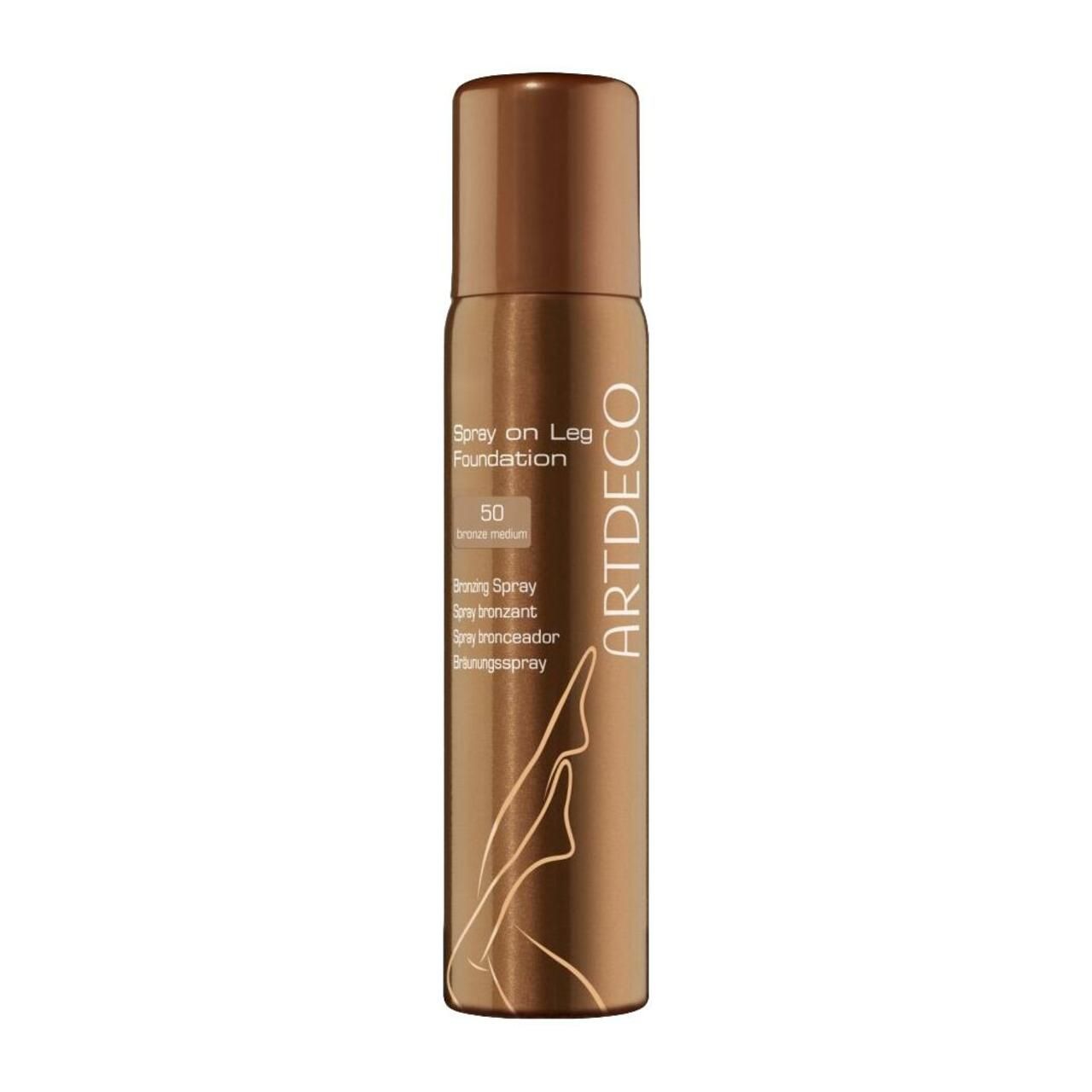 Artdeco Spray on Leg Foundation, bruine spuitfles. Tekst: Spray on Leg Foundation, 50 bronze medium. Logo en beenillustratie.