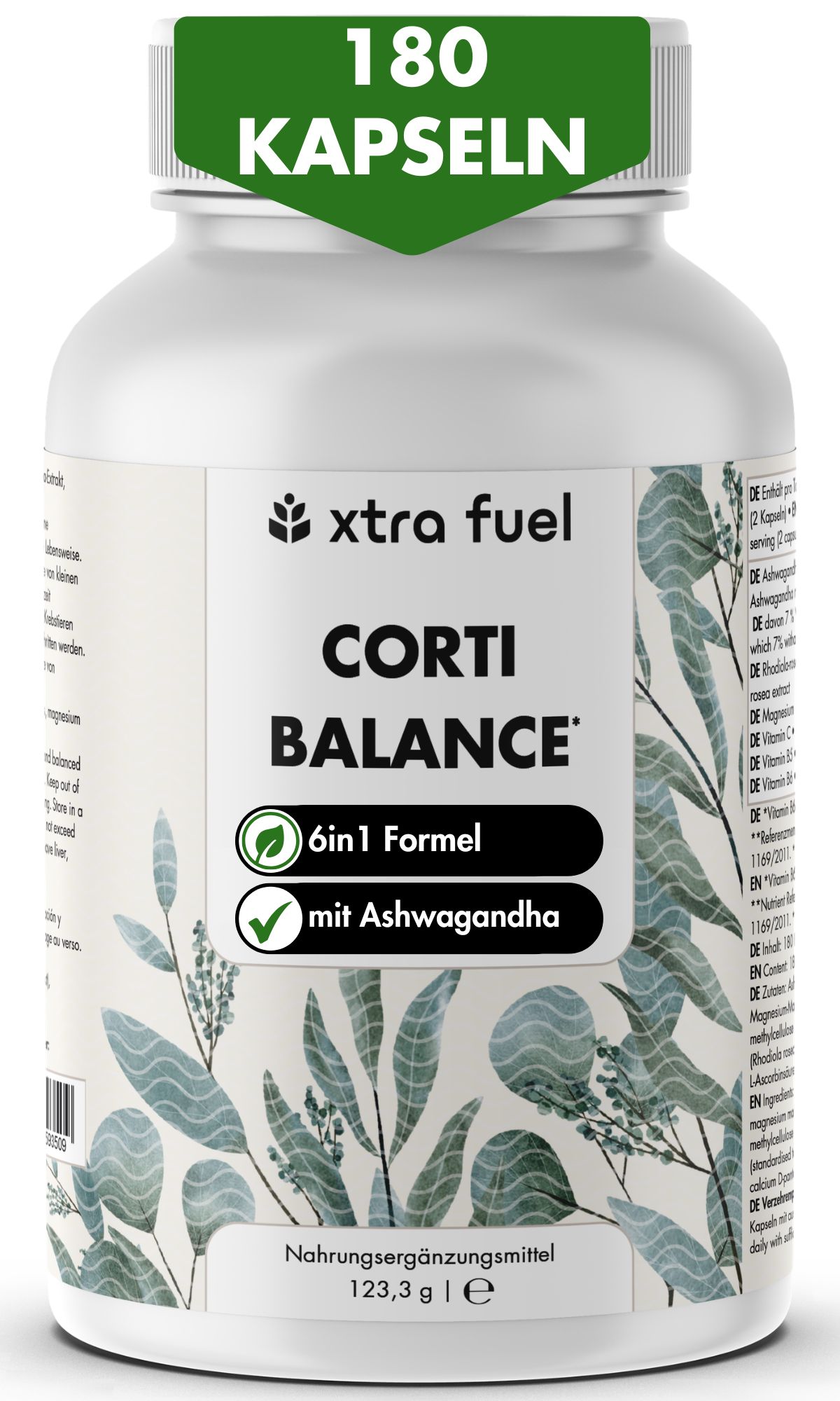 Pot blanc avec capsules XTRA FUEL Corti Balance, 180 pièces, avec Ashwagandha.