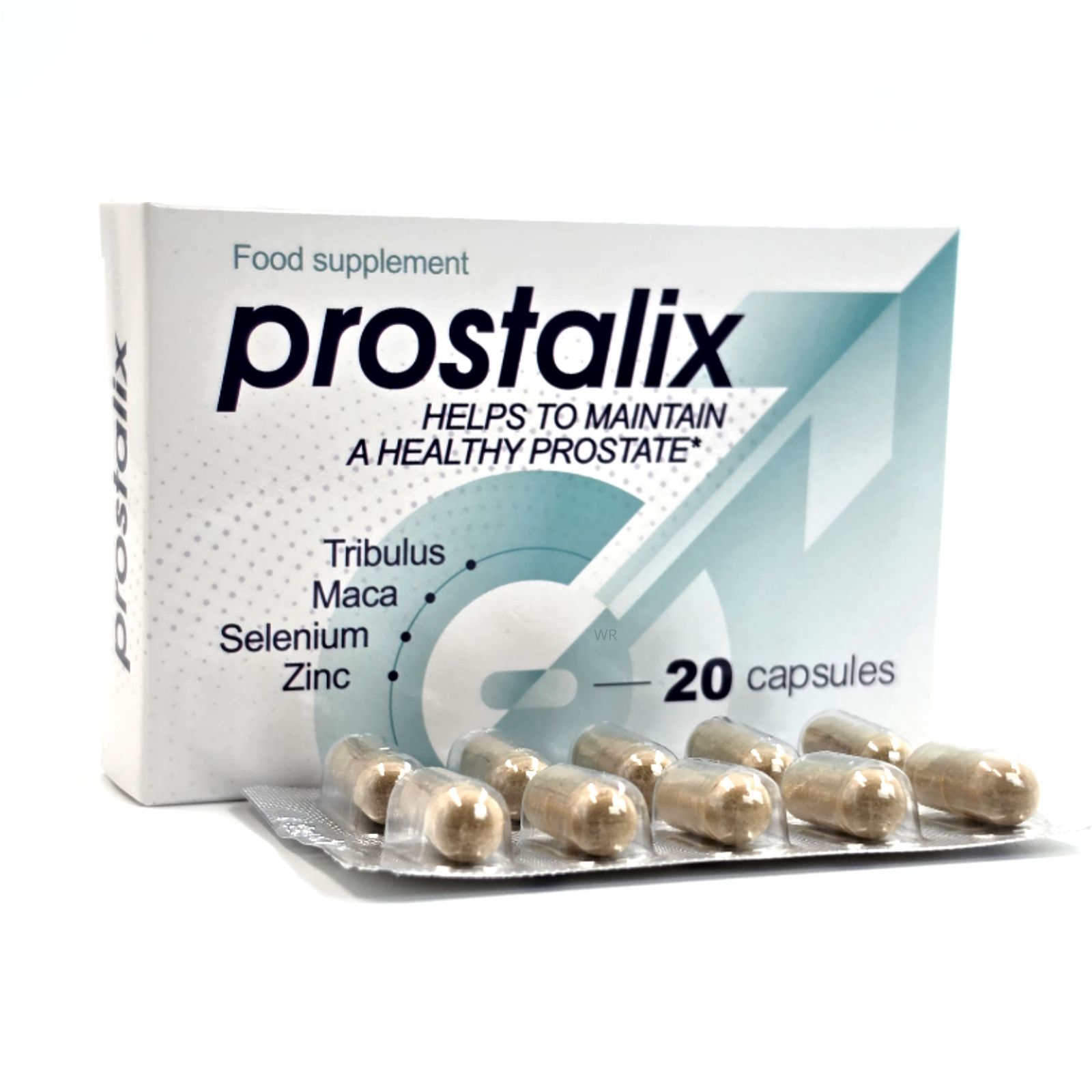 Emballage Prostalix et plaquette de 10 des 20 gélules. Contient Tribulus, Maca, Sélénium, Zinc.