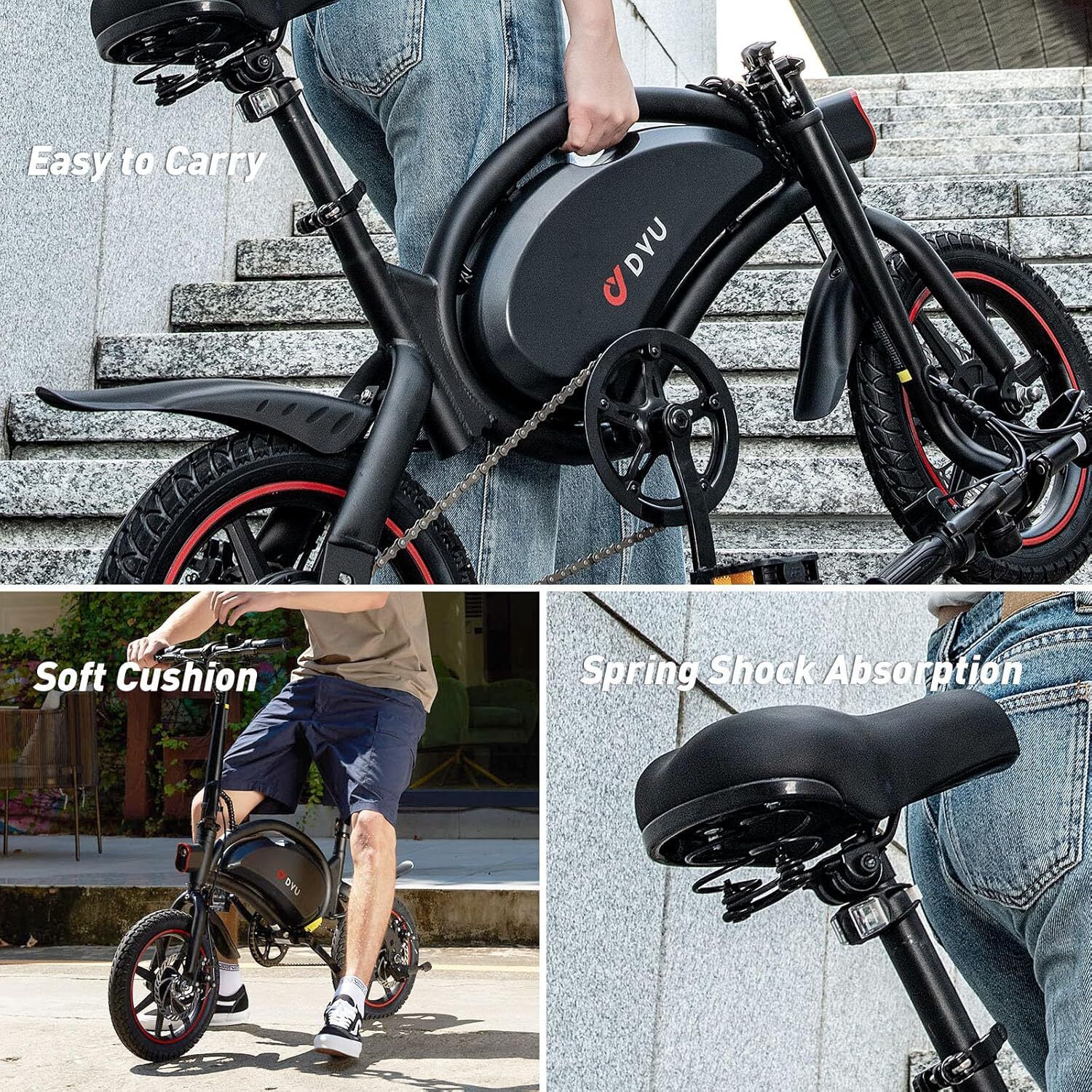 Opvouwbare e-bike, zwart met rode accenten. DYU-logo. Draagbeugel. Zachte zitting. Vering.