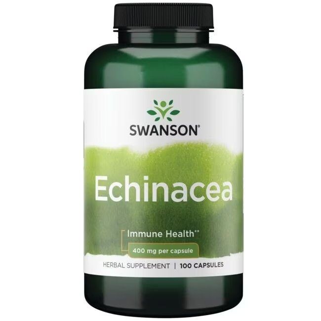 Flacon vert avec étiquette blanche. Inscription: SWANSON Echinacea 400 mg, 100 capsules. Complément à base de plantes.