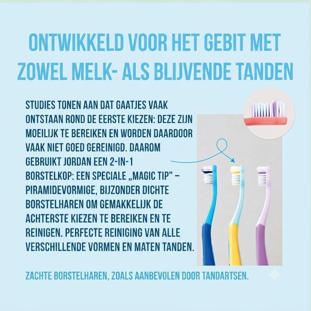Drie tandenborstels in blauw, geel en paars met speciale borstelkoppen voor het reinigen van melk- en blijvende tanden.