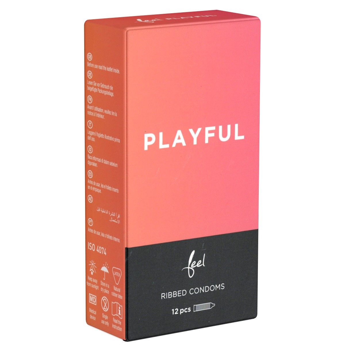 Boîte de préservatifs. Emballage rose et noir avec "PLAYFUL" et "feel". Contient 12 pièces. Certification ISO 4074.