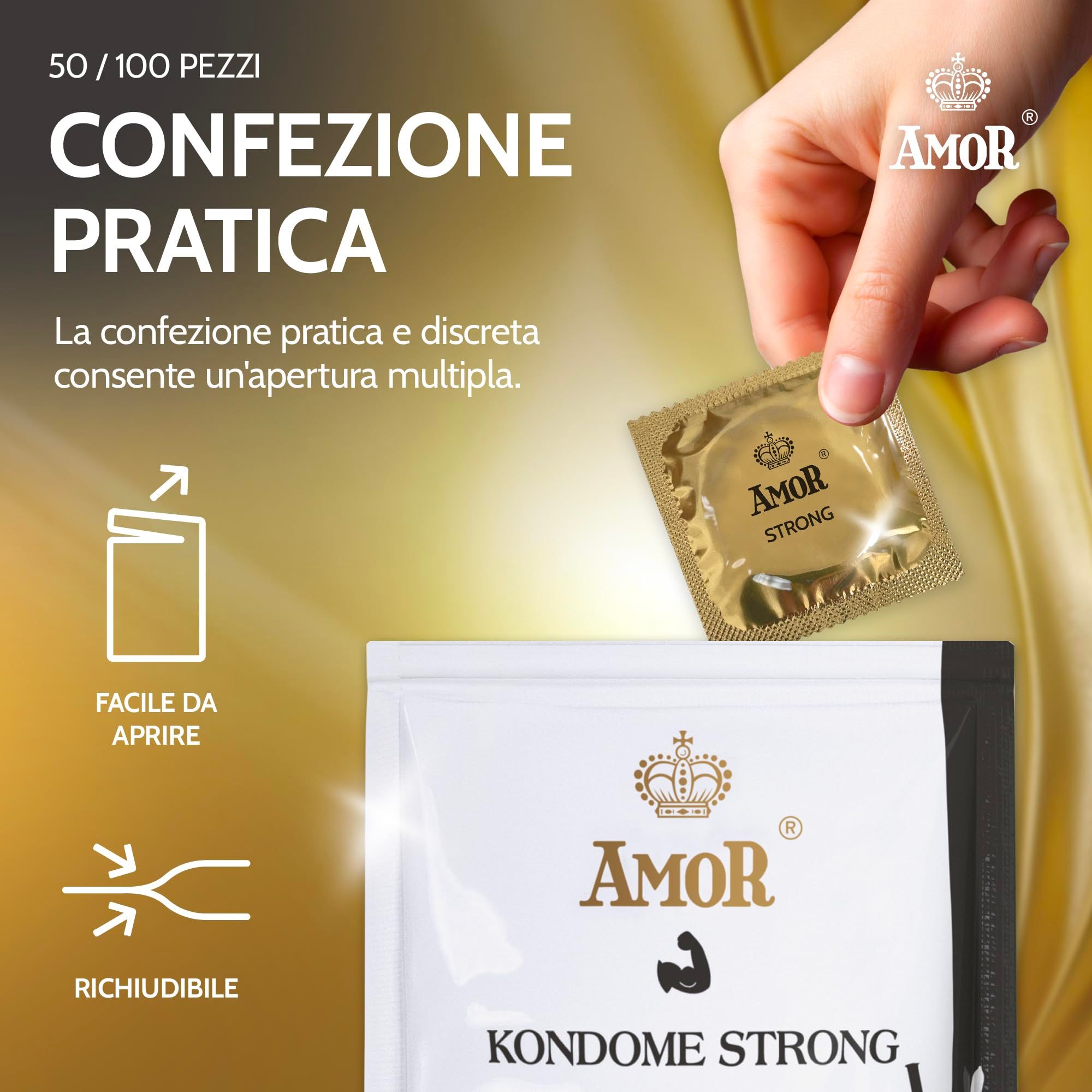 Hand houdt individuele verpakking Amor Strong condoom vast, makkelijk te openen.