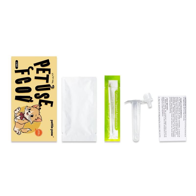 Emballage jaune avec PET USE FCOV, chat. Contient bandelette, écouvillon, pipette et notice.