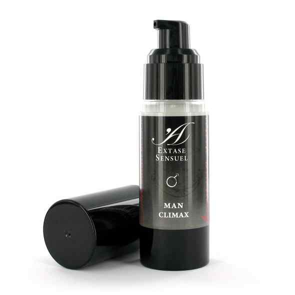 Flacon pompe avec bouchon noir, inscription "Extase Sensuel MAN CLIMAX".
