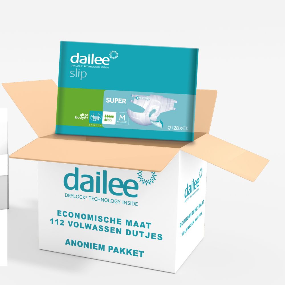 Dailee Slip Super luiers in een geopende doos. De doos is wit met productinformatie. Het deksel is blauw.