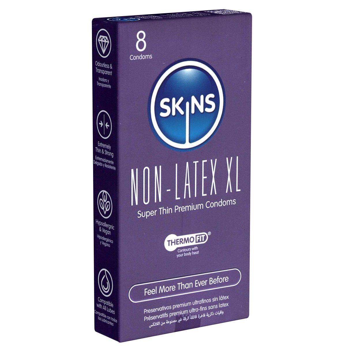 Paarse doos met de tekst SKINS NON-LATEX XL. Bevat 8 condooms. Tekst: Super Thin Premium Condoms. Thermo Fit.