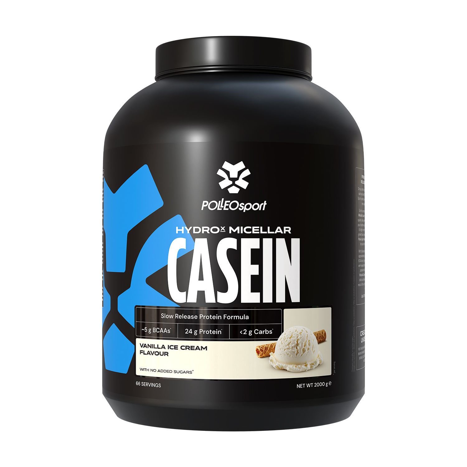 Zwarte pot HYDROX Micellar Casein. Vanille-ijs illustratie. Tekst: 24g eiwit, <2g koolhydraten. PolleoSport logo.