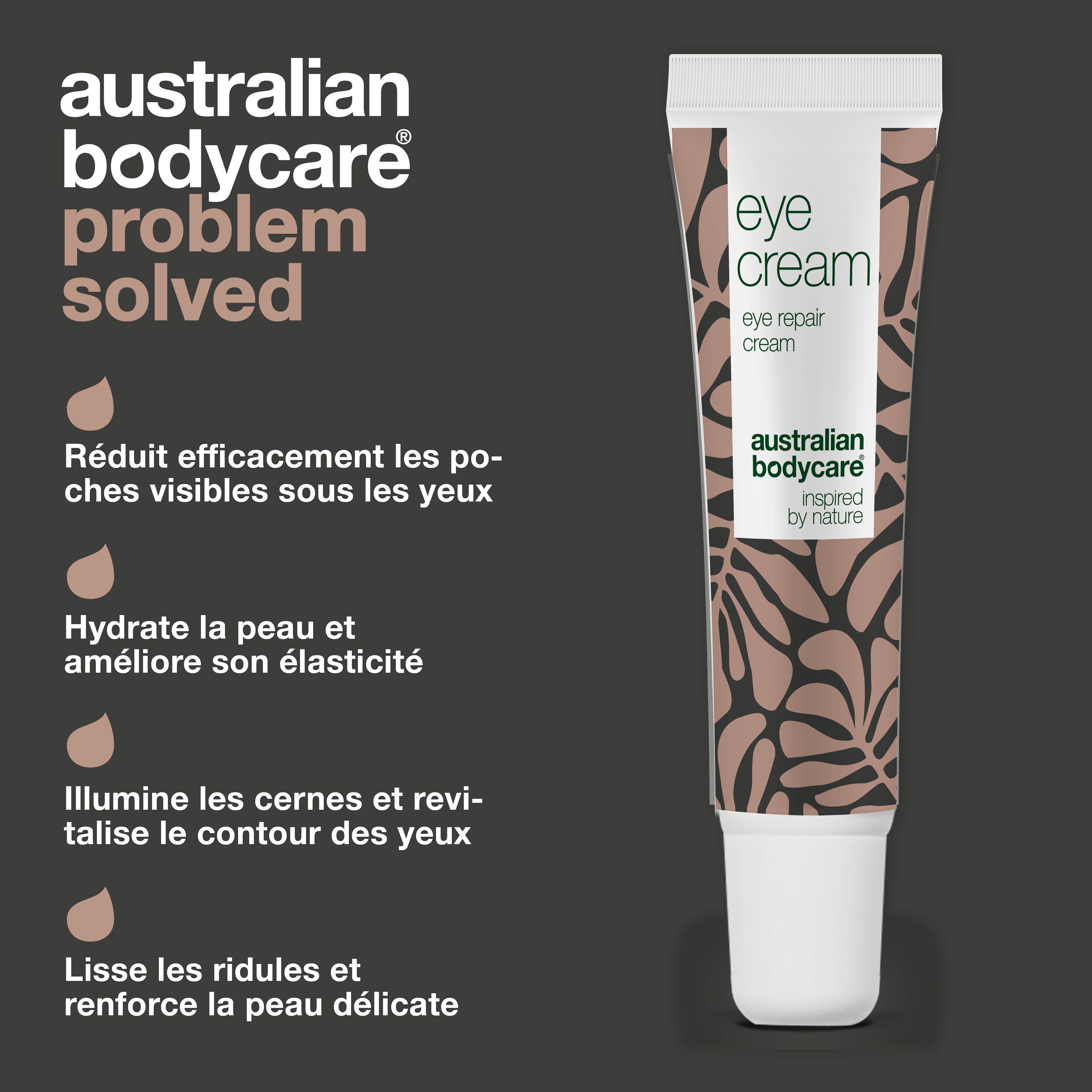 Publicité: Australian Bodycare. Tube de crème pour les yeux. Texte: Réduit les poches, hydrate, illumine, lisse.