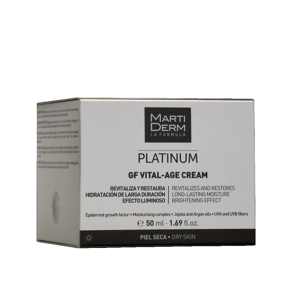 Kartonnen verpakking met productinformatie. Opschrift: Marti Derm Platinum GF Vital-Age Cream. Voor de droge huid.
