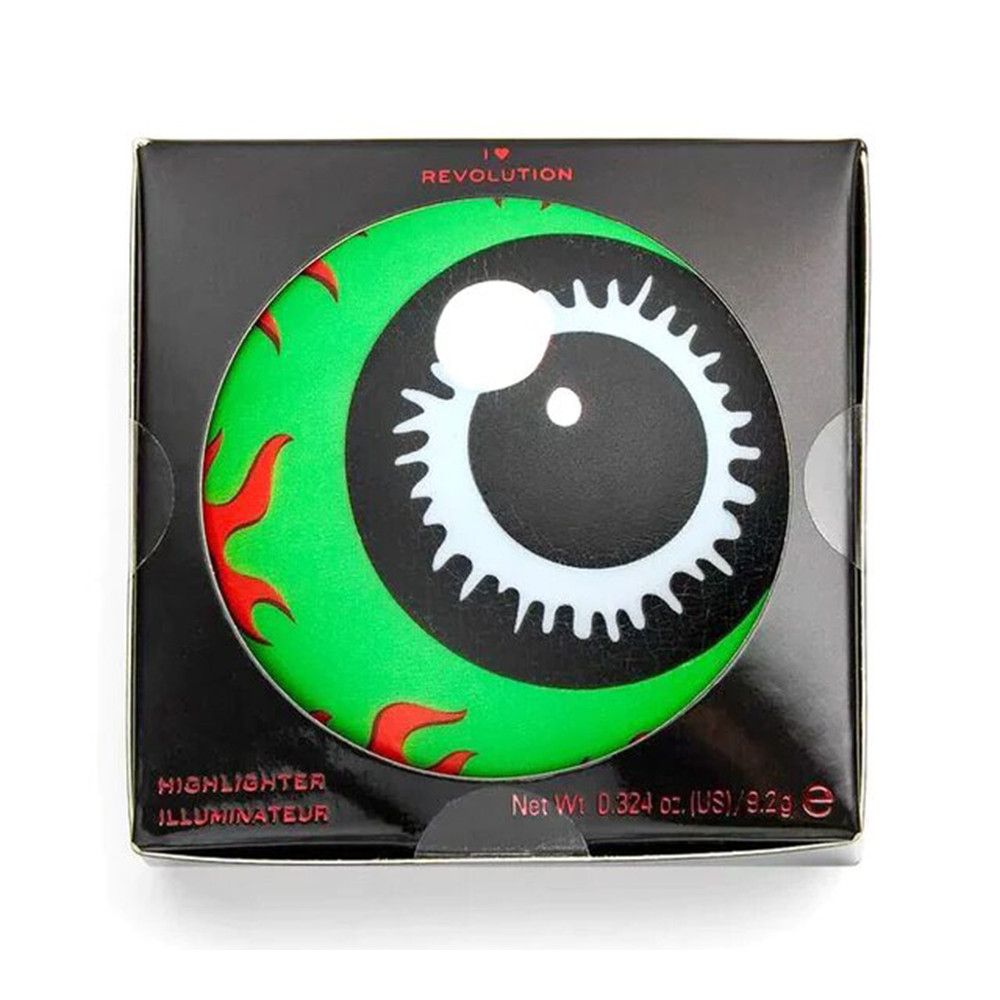 Emballage noir avec design d'œil vert. Texte: Highlighter Illuminateur. Net: 0.324 oz (US) / 9.2g.