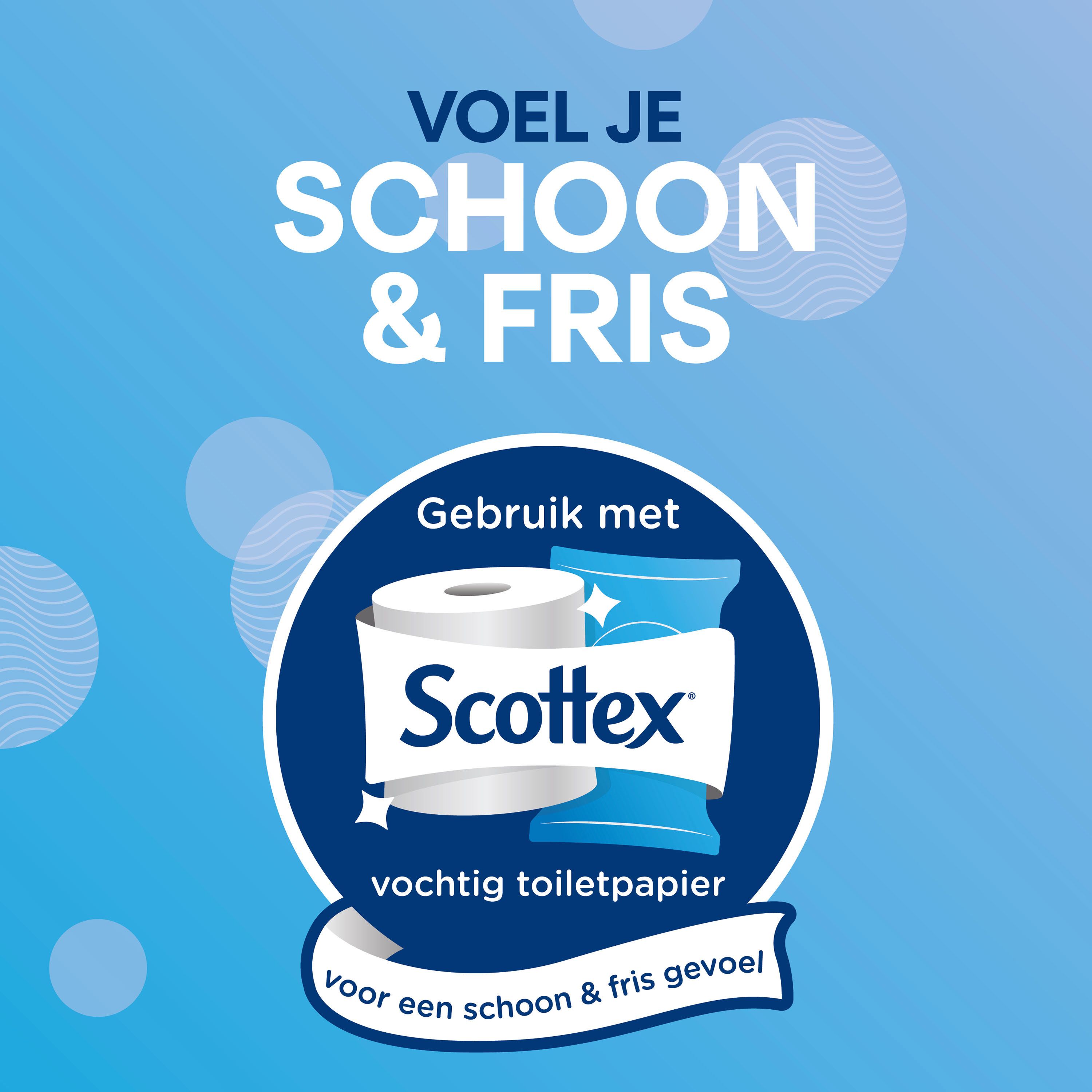 Fond bleu avec logo Scottex et illustration du produit. Texte : 'Voel je schoon & fris'.
