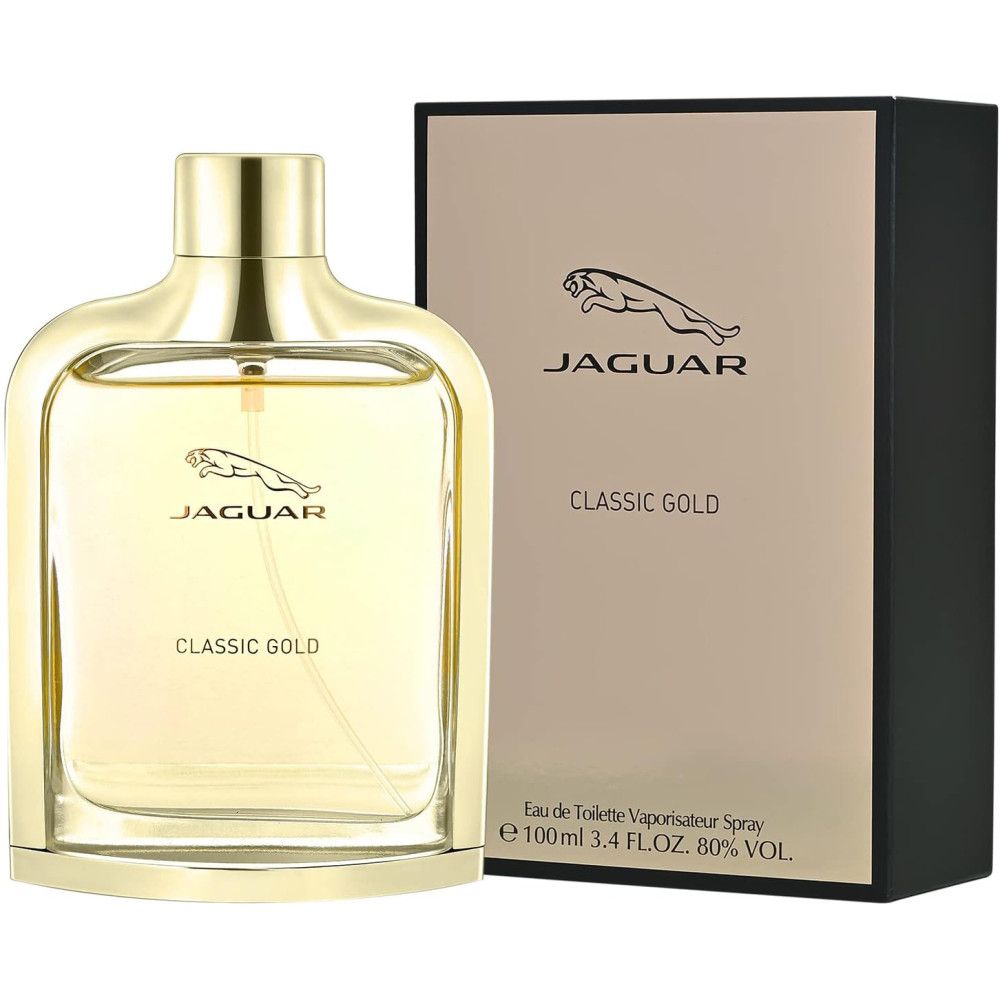 Gouden fles en verpakking. Opschrift: Jaguar, Classic Gold. Fles met gouden dop. Rechthoekige vorm.
