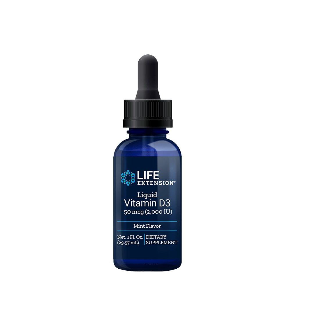 Flacon en verre bleu avec compte-gouttes, Life Extension Liquid Vitamin D3, 50 mcg, saveur menthe.