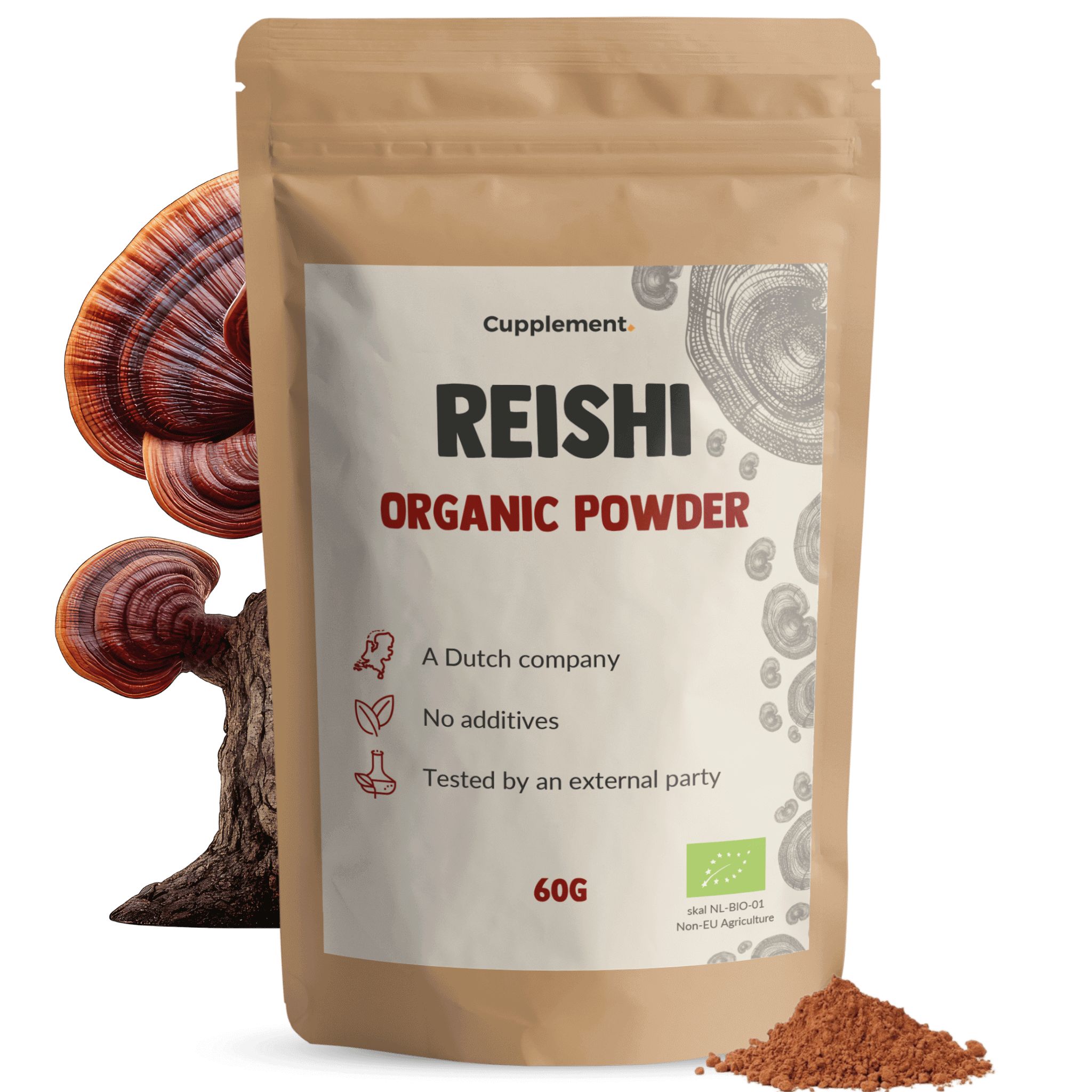 Sachet de poudre de Reishi. Inscription : Reishi Organic Powder, 60g. Avec champignon et poudre.