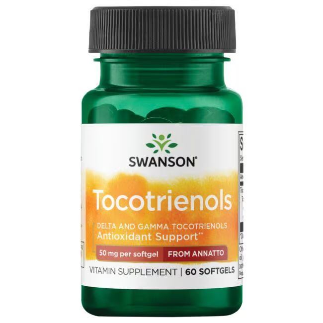 Flacon vert avec bouchon noir. Étiquette avec SWANSON, Tocotriénols, 50 mg par gélule, 60 gélules.