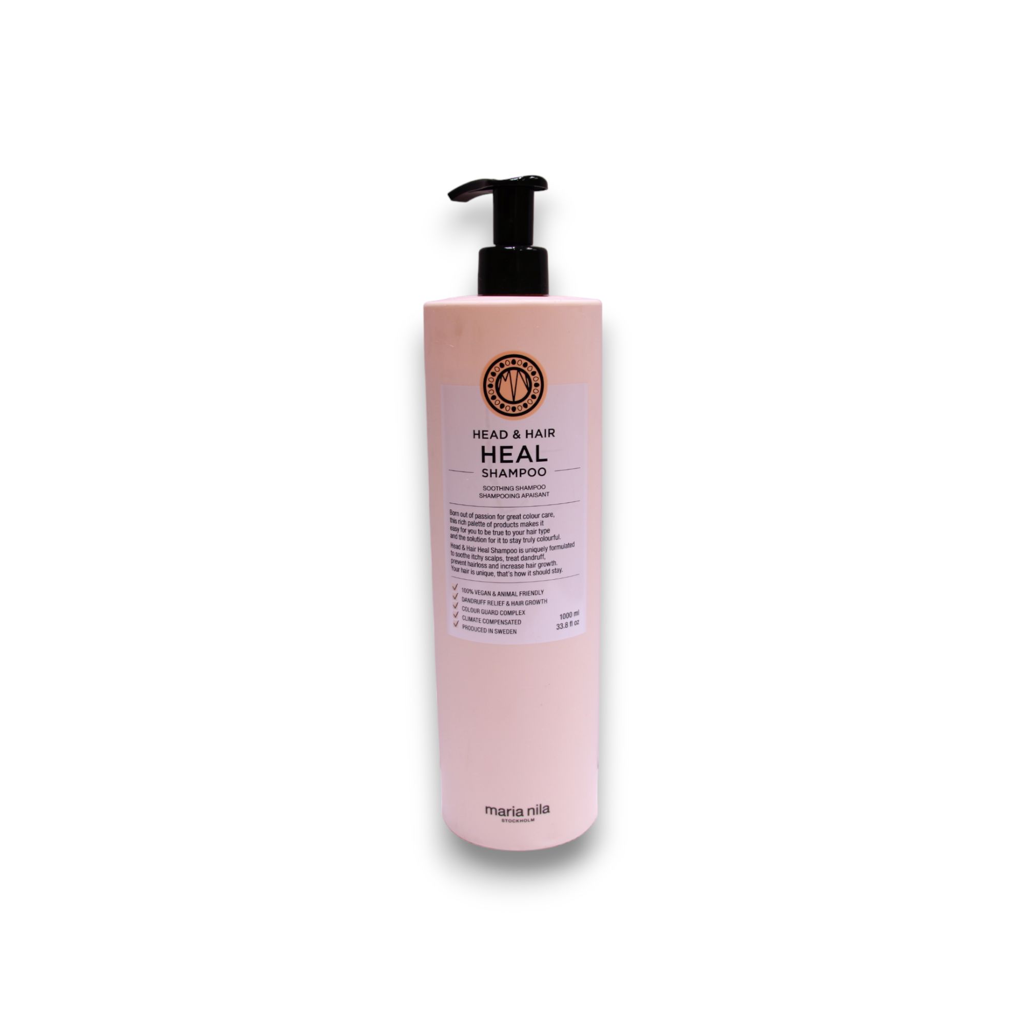 Maria Nila Head & Hair Heal Shampoo, 1000ml fles met zwarte pompdos.