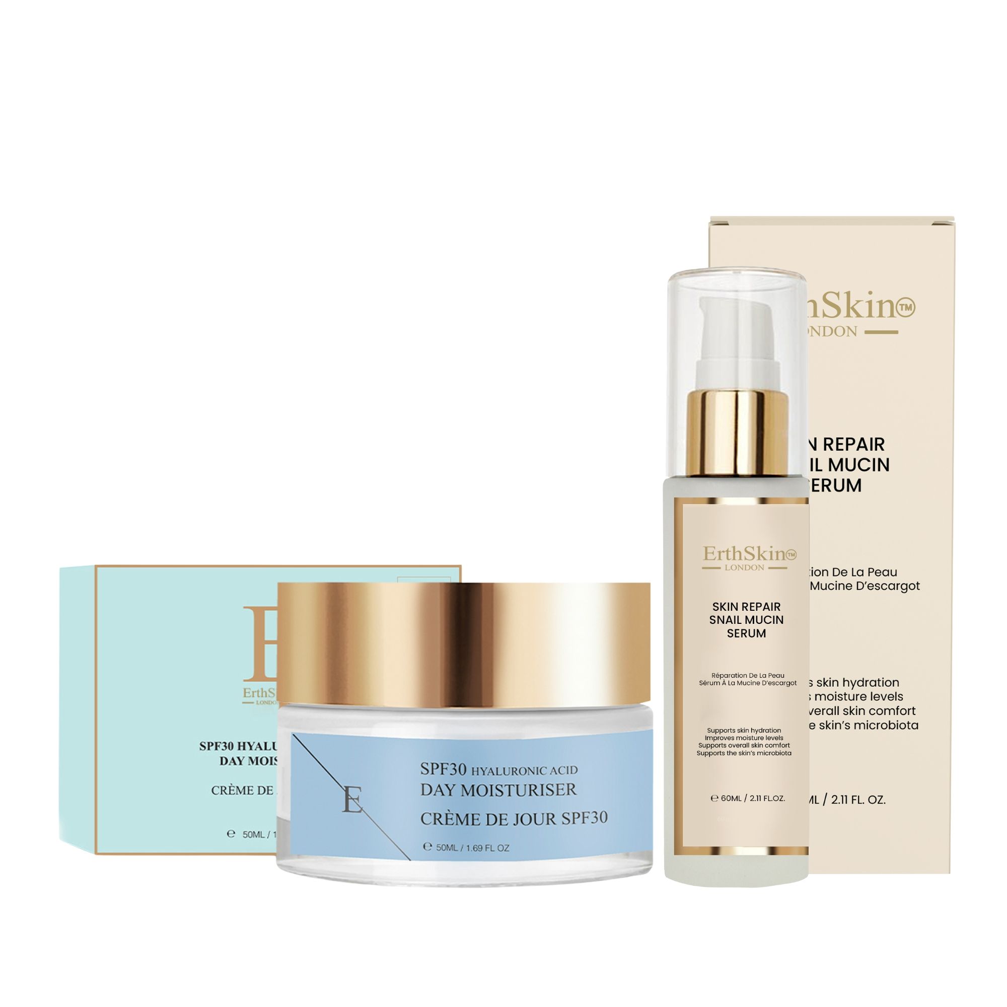 ErthSkin London Sérum réparateur à la bave d'escargot + crème de jour SPF 30