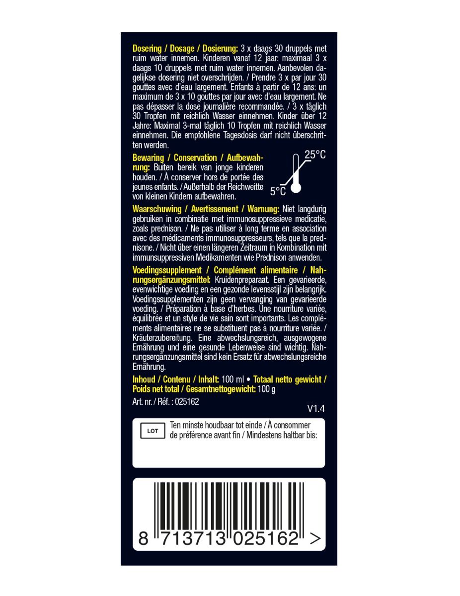 Achterkant van de verpakking van Lucovitaal Echinacea Forte. Bevat informatie over gebruik en waarschuwingen.