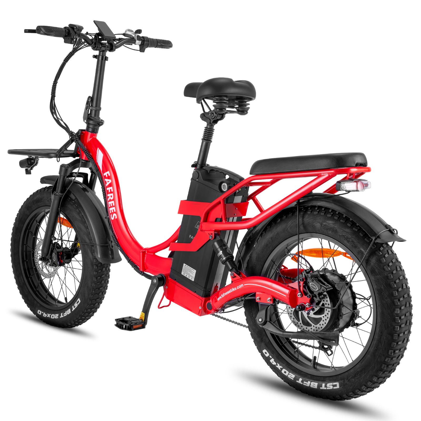 Vélo électrique rouge Fafrees F20 X-Max. Vue arrière. Porte-bagages, garde-boue, pneus CST BFT 20X4.0.
