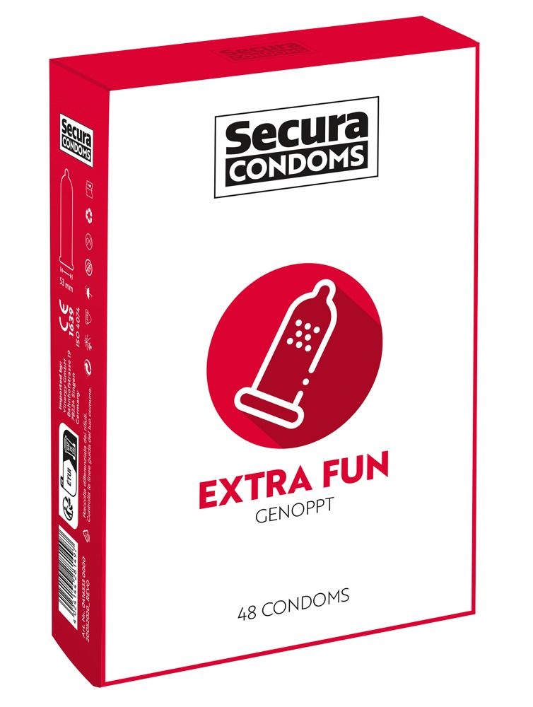 Verpakking van Secura Condoms. Rode cirkel met condoom-symbool. Tekst: EXTRA FUN, 48 condooms.