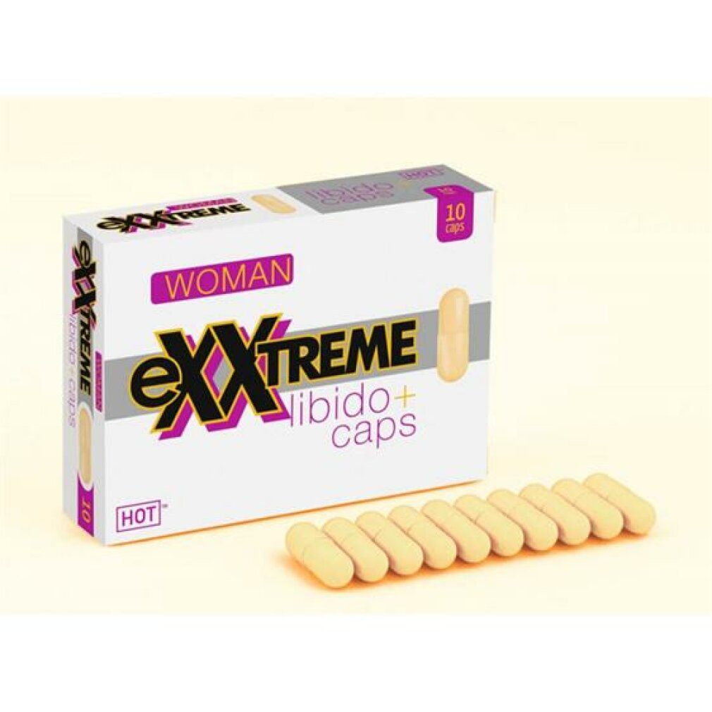 Boîte et 10 capsules eXXtreme Libido+ pour femmes sur fond clair.