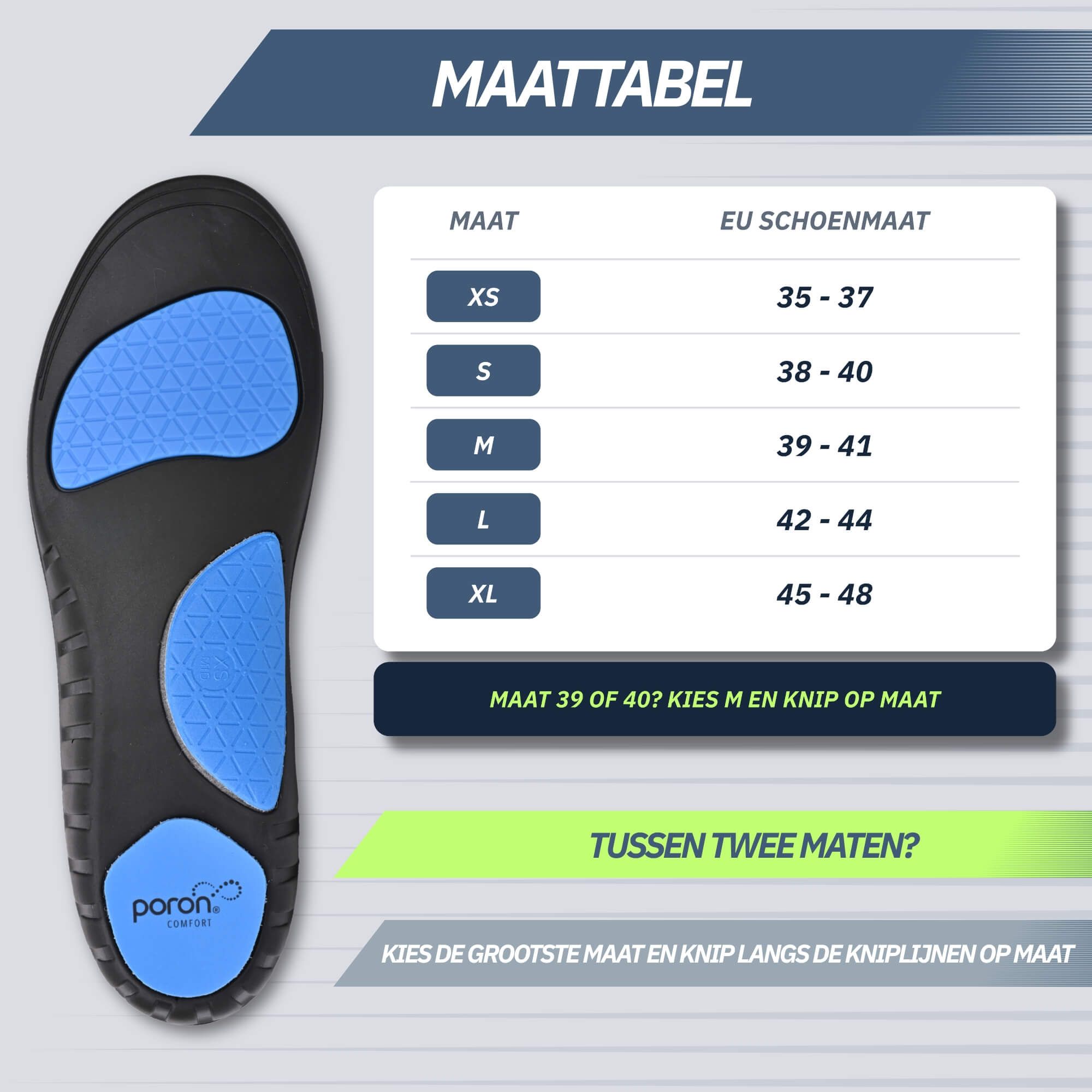 Maattabel voor inlegzolen: EU schoenmaten van 35-48, verdeeld in XS, S, M, L, XL.