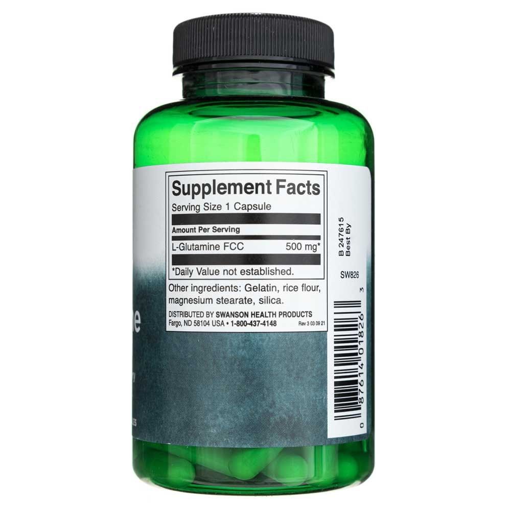 Arrière d'une bouteille verte de L-Glutamine Swanson 500 mg. Affiche les faits nutritionnels et les ingrédients.