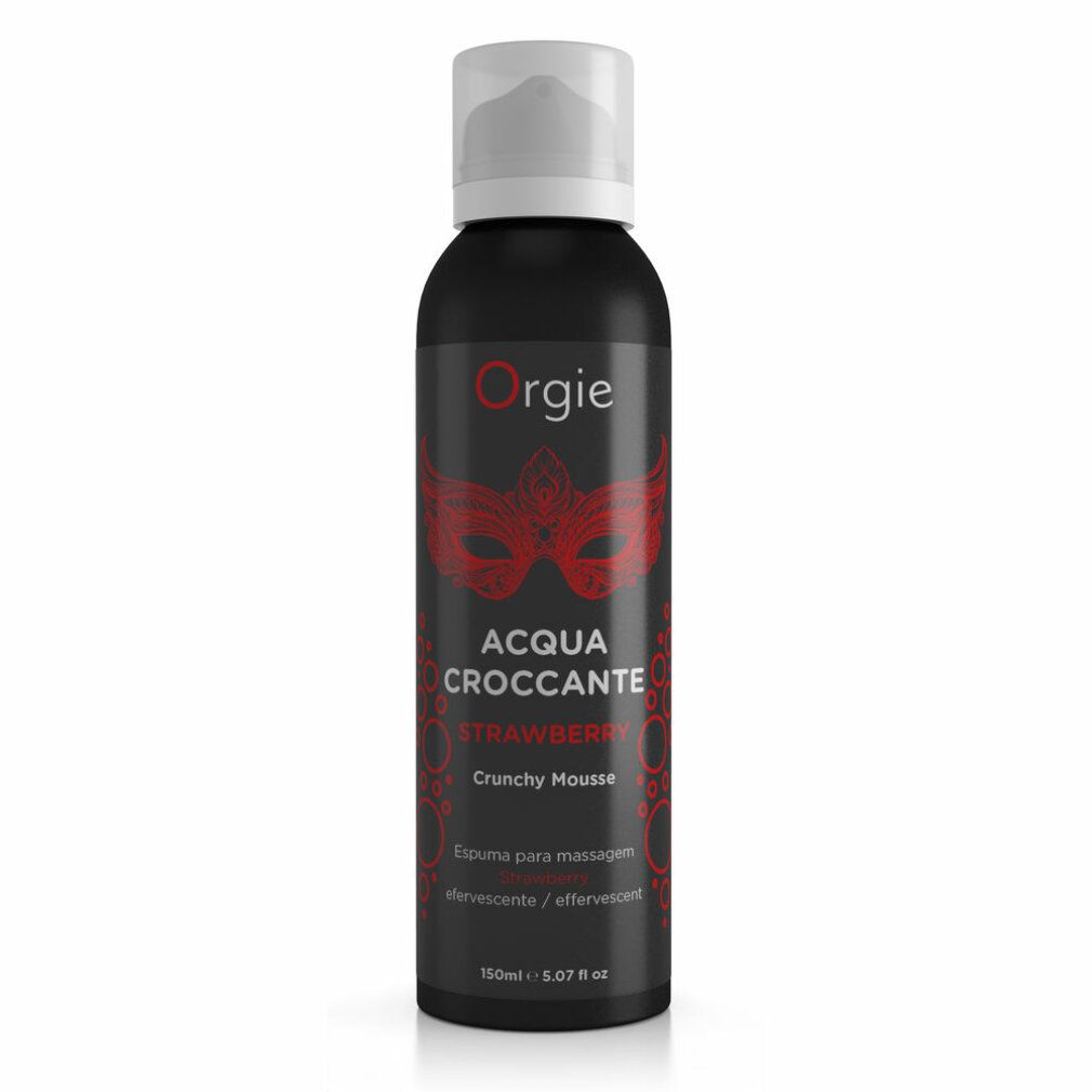 Zwarte fles met witte spraykop. Opschrift: Orgie, Acqua Croccante Strawberry, Crunchy Mousse. Rood masker ontwerp.