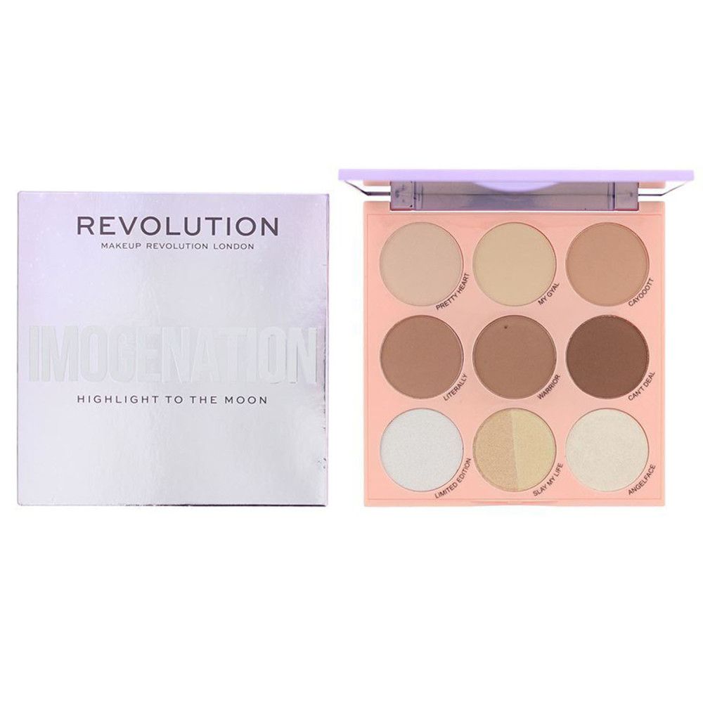 Palette met negen ronde highlighters en aparte verpakking. Verpakking met productnaam. Merk: Revolution.