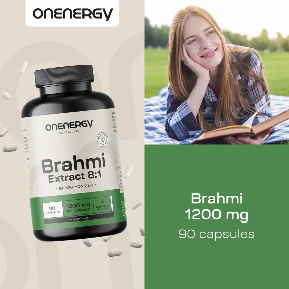 Fles met capsules. Opschrift: Brahmi 1200 mg, 90 capsules. Persoon leest boek op deken.