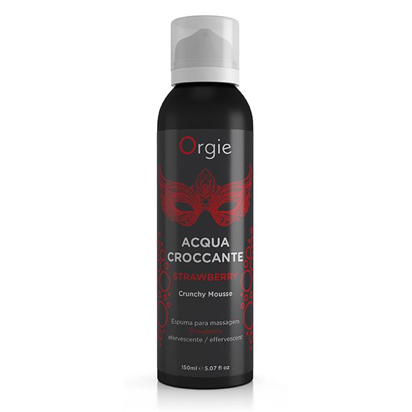 Zwarte fles met witte spraykop. Opschrift: Orgie, Acqua Croccante Strawberry, Crunchy Mousse. Rood masker ontwerp.