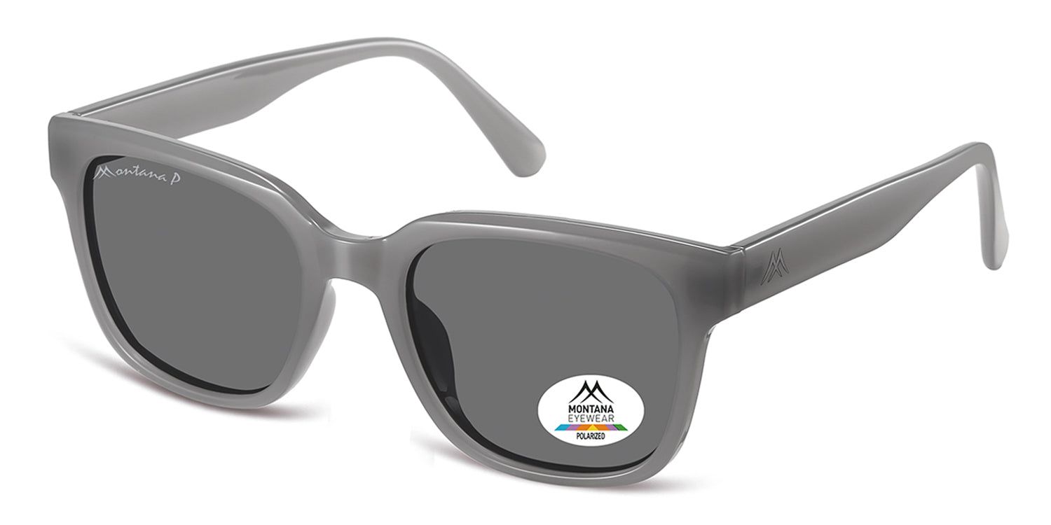 Lunettes de soleil grises, vue en biais. Un autocollant avec logo et 'POLARIZED' est visible sur un verre. Le nom de la marque est sur la branche gauche.