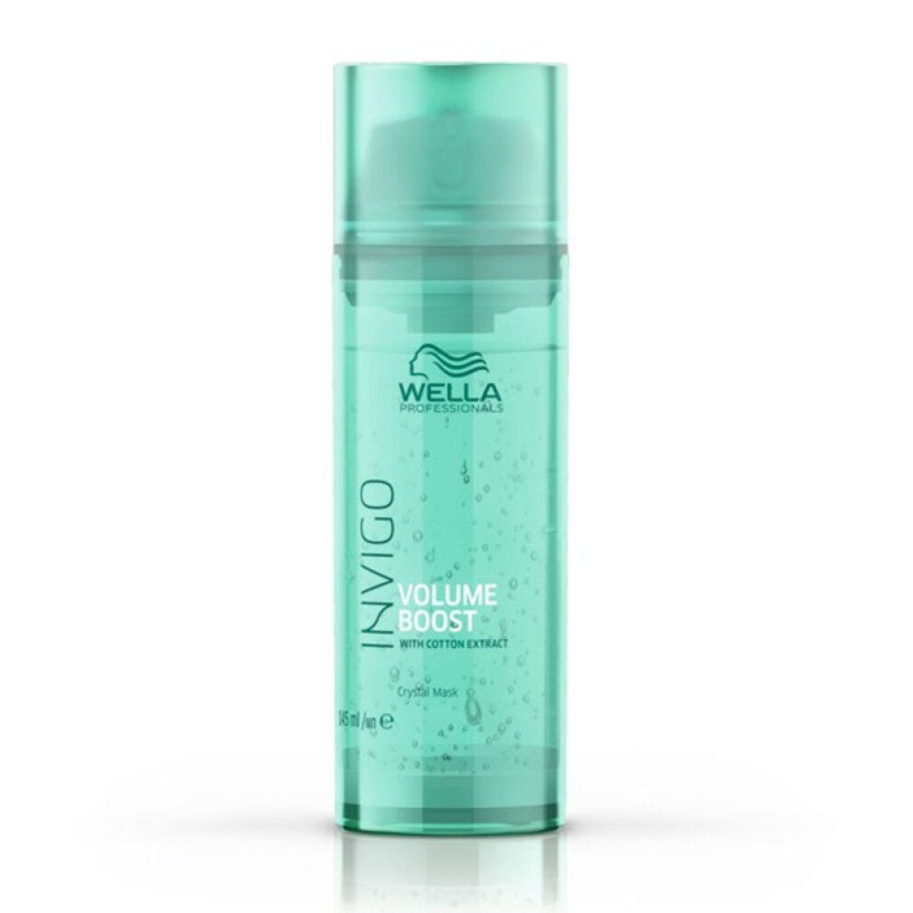 Flacon transparent avec liquide turquoise. Inscription : Wella Invigo Volume Boost. Avec extrait de coton. 150 ml.
