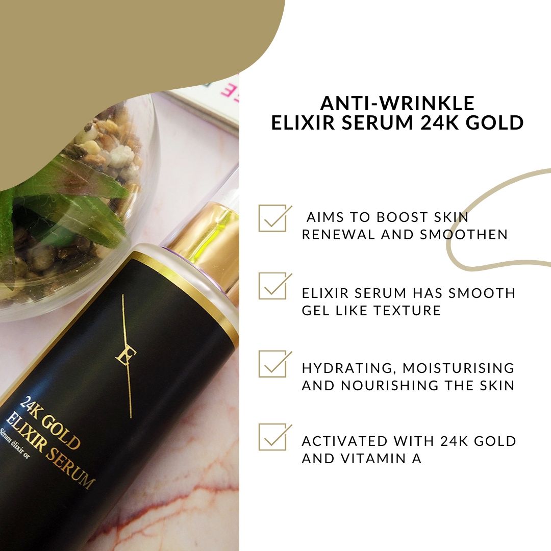 Fles 24K Gold Elixir Serum met tekst over huidverzorgingsvoordelen.