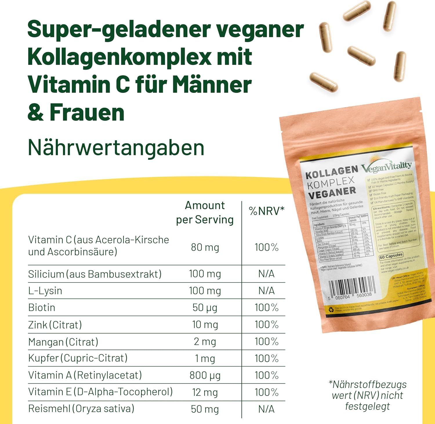 Zakje met Vegan Vitality Kollagen capsules en voedingswaarde-informatie. Bevat vitamine C, silicium, L-lysine, biotine, zink, mangaan, koper, vitamine A, vitamine E.