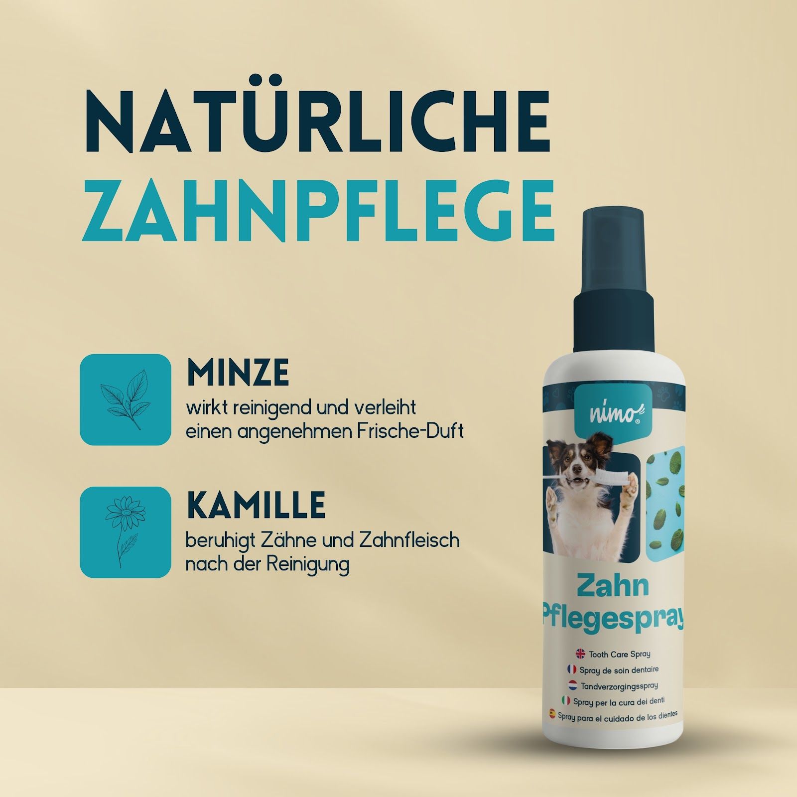 nimo® spray dentaire • spray dentaire pour chiens, chats & animaux domestiques à la menthe