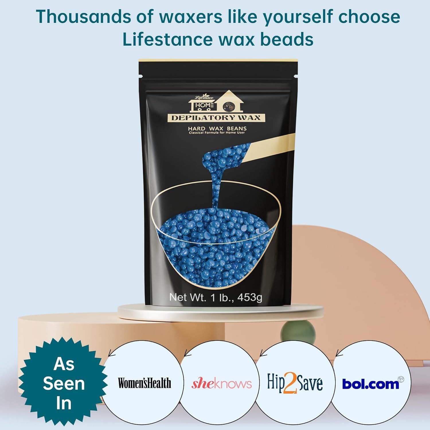 Sachet noir de perles de cire bleues. Texte : Lifestance, 1 lb, 453g. Vu dans : Women's Health, sheknows, Hip2Save, bol.com.