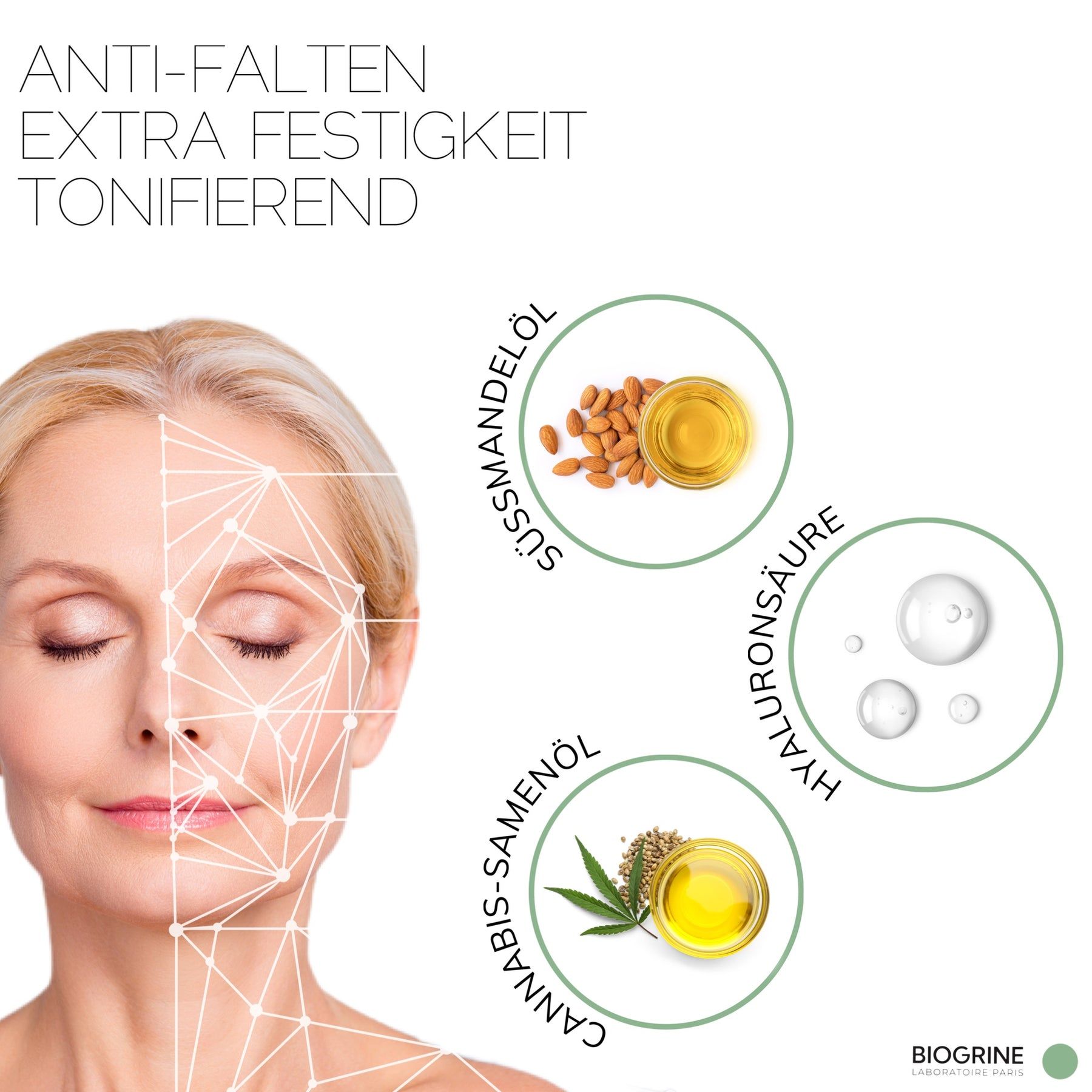 Vrouw met gezichtsanalyse. Tekst: Anti-rimpel, extra stevigheid. Ingrediënten: amandelolie, hyaluronzuur, cannabisolie. BIOGRINE.