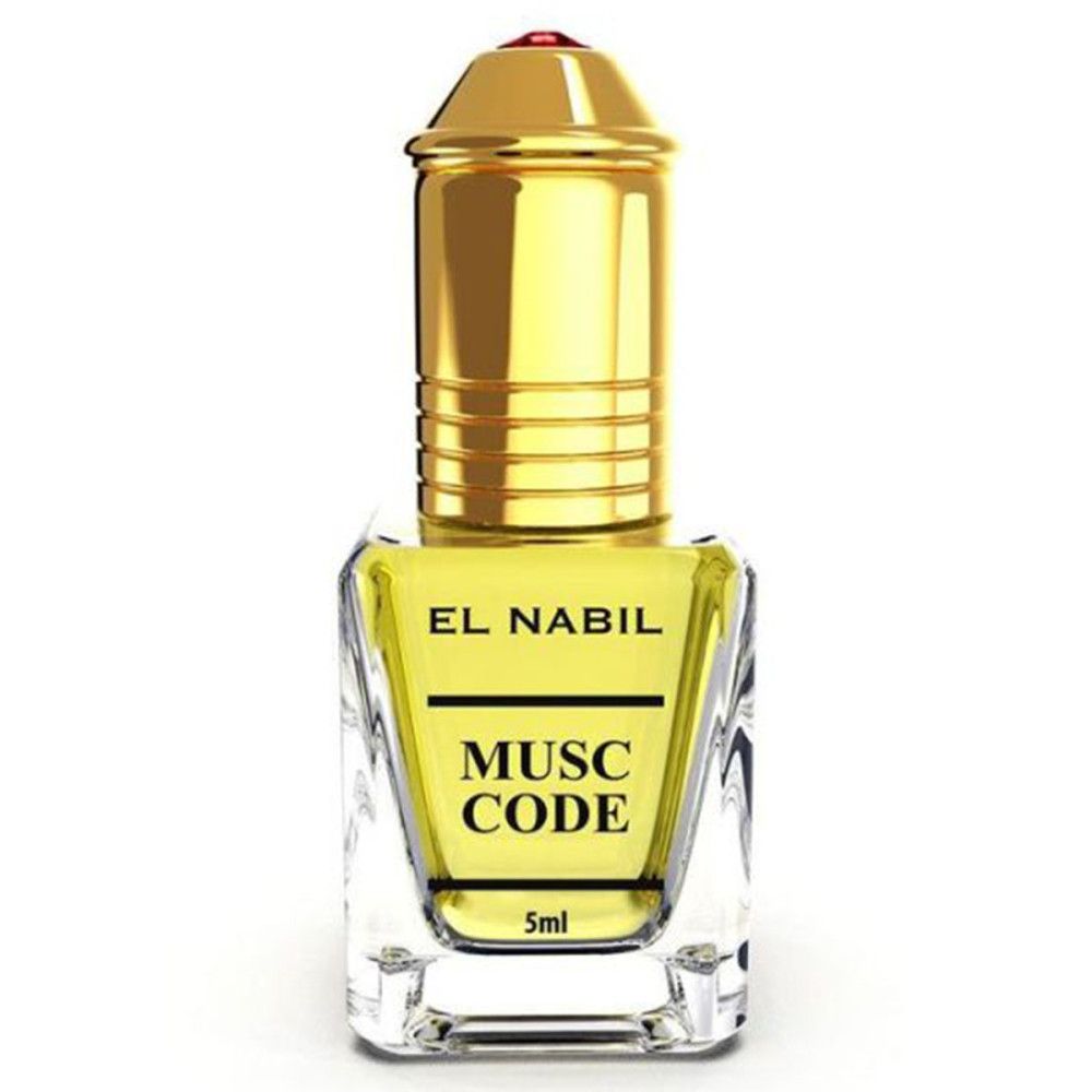 Flacon de parfum avec bouchon doré. Inscription : EL NABIL, MUSC CODE, 5ml. Flacon en verre transparent, carré, contenant un liquide jaune.