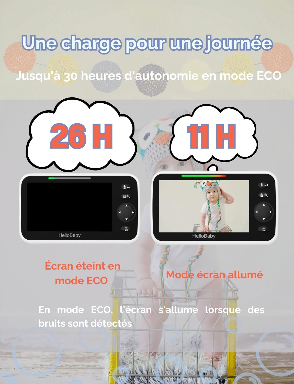 Batterie babyphone jusqu'à 30h en mode ECO. 26h en mode ECO (écran éteint), 11h (écran allumé).