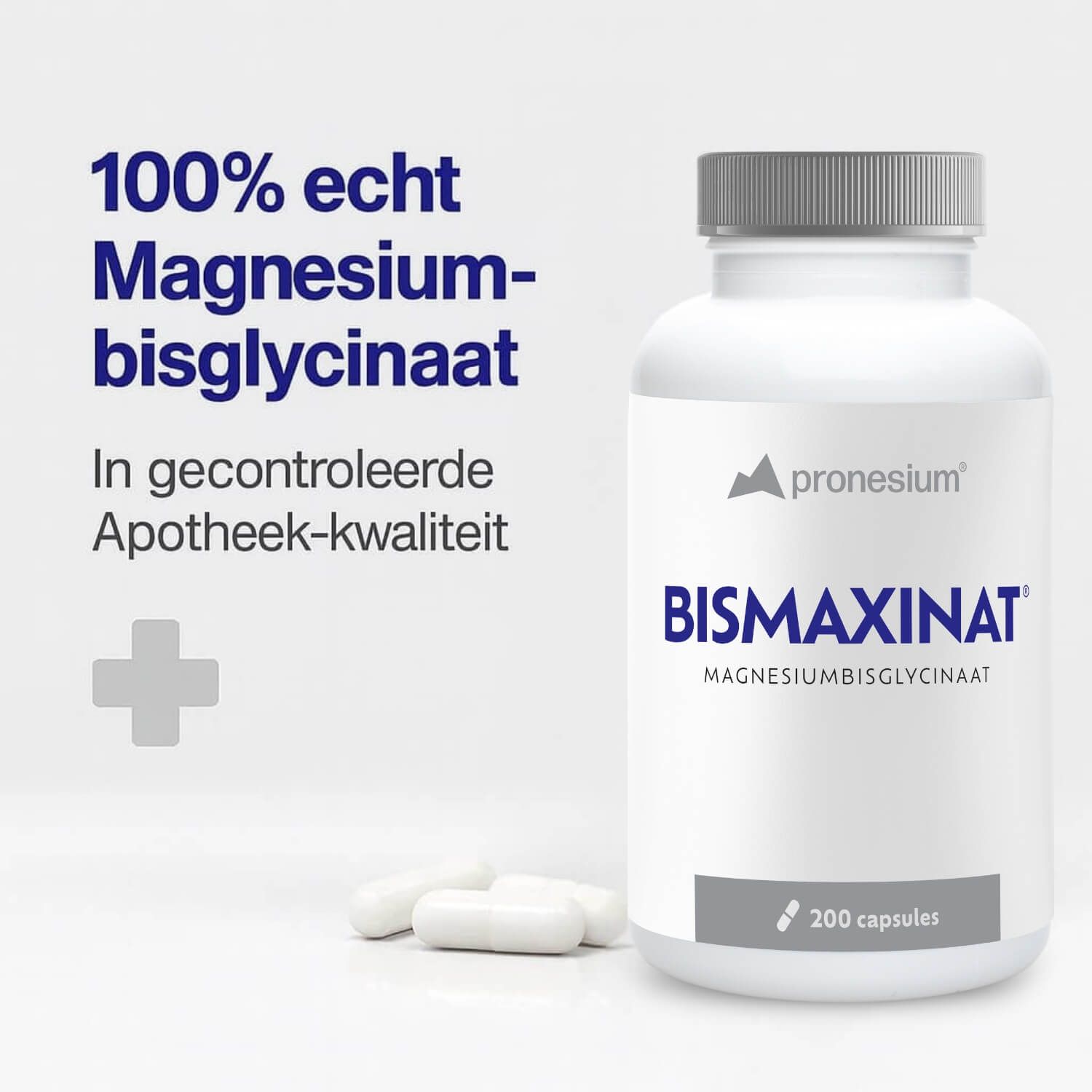 Witte fles met capsules. Opschrift: BISMAXINAT, Magnesiumbisglycinaat. 200 capsules.