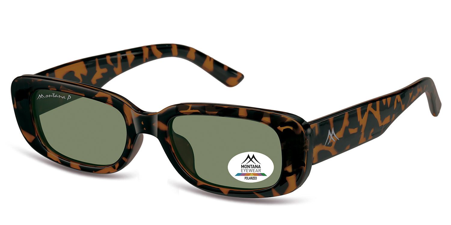 Lunettes de soleil Romazzino, monture écaille de tortue marron. Verres rectangulaires verts. Logo Montana Eyewear et autocollant Polarized.